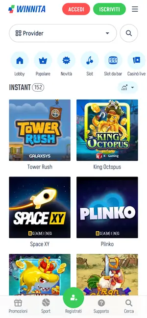 Giochi instant e crash di Winnita su mobile