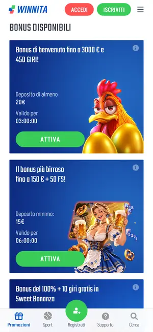 Bonus disponibili nella sezione promozioni di Winnita su mobile