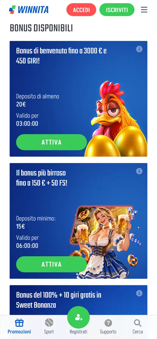 Bonus disponibili nella sezione promozioni di Winnita su mobile